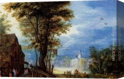 Holy Family Canvas Paintings - A Village Street With The Holy Family Arriving At An Inn [detail 1] by Jan the elder Brueghel